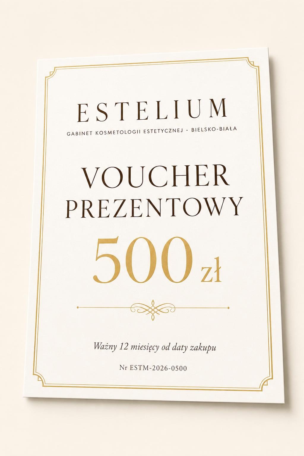 Podgląd vouchera prezentowego Estelium w formacie PDF, gotowy do druku lub przesłania e-mailem