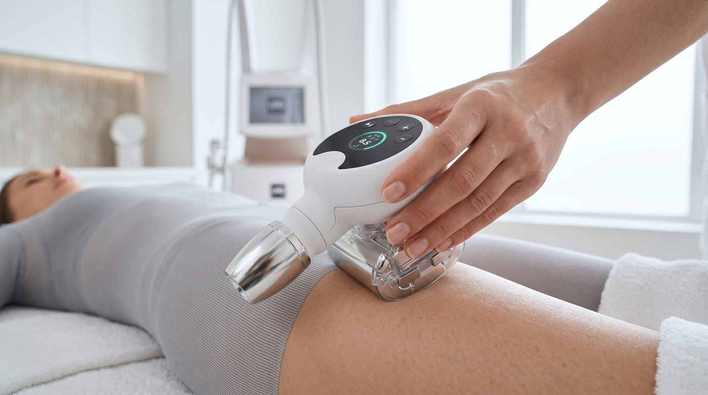 Zbliżenie głowicy LPG Cellu M6 Infinity prowadzonej po udzie klientki w kombinezonie endermowear