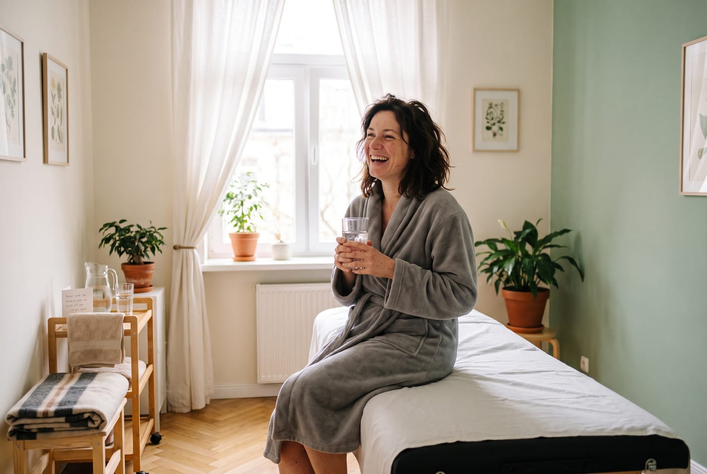 Klientka pije wodę po zabiegu ONDA Coolwaves w gabinecie Estelium w Bielsku-Białej