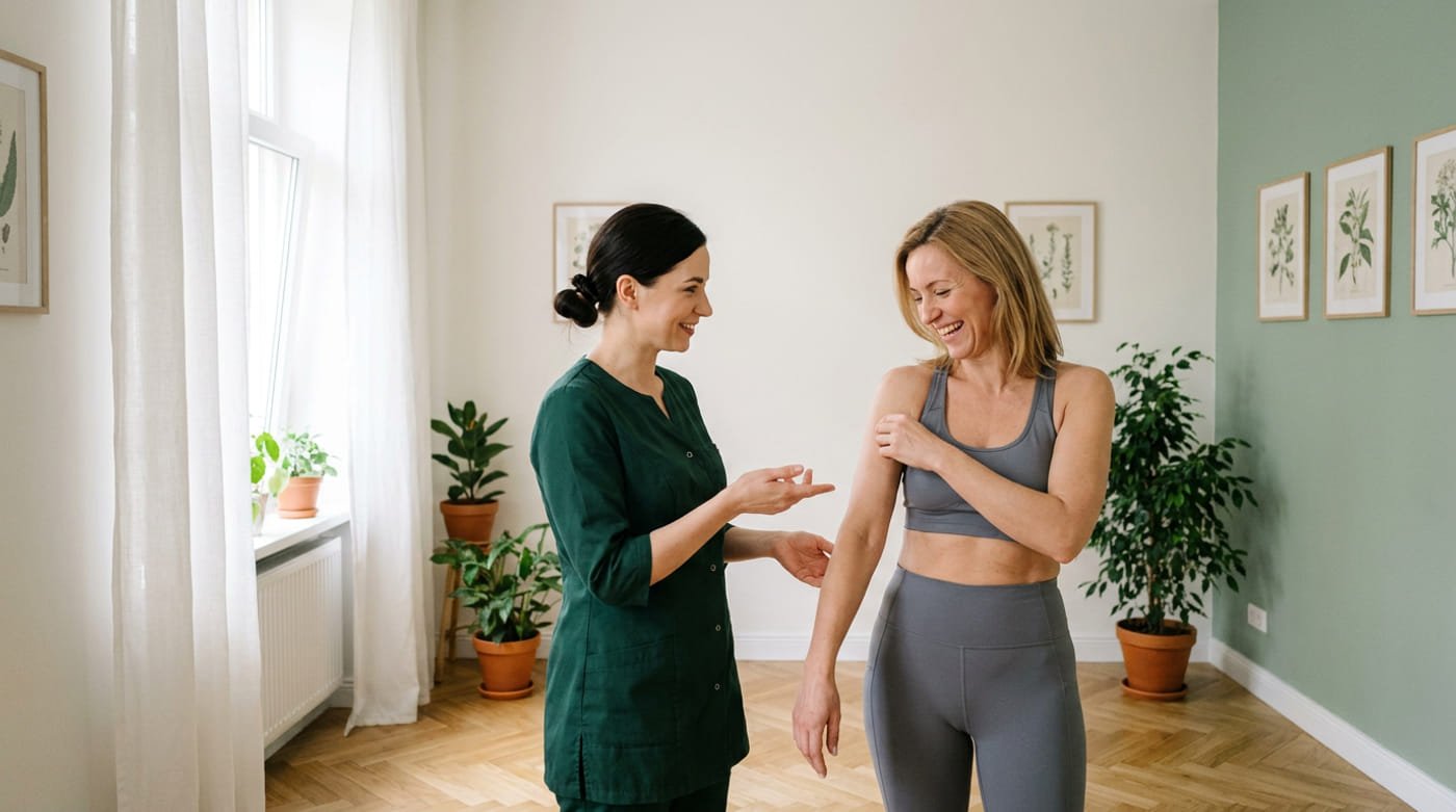 Kosmetolog omawia z klientką partie ciała do zabiegu ONDA Coolwaves w Estelium
