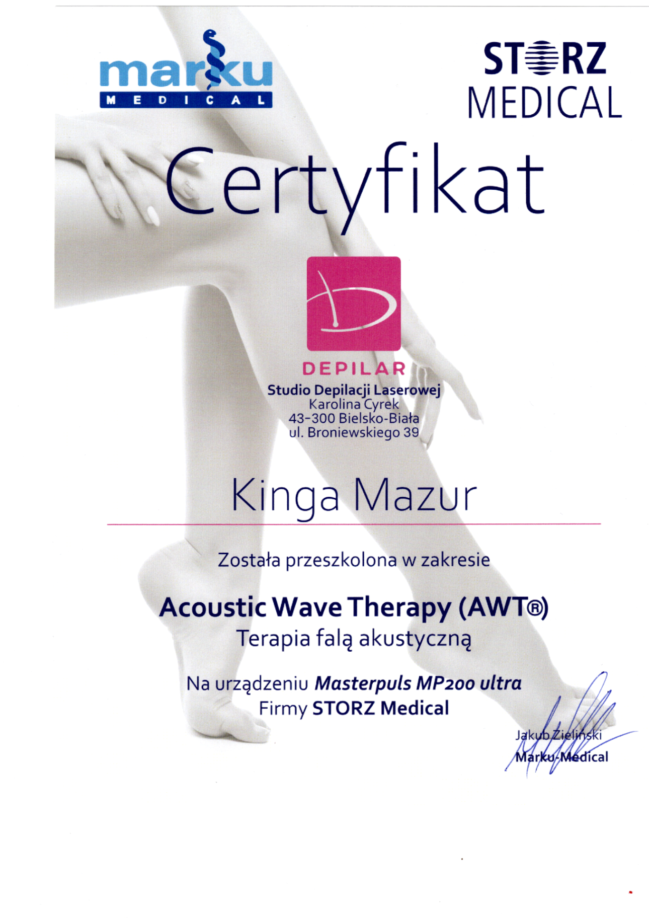 Certyfikat Kingi Mazur-Kot ze szkolenia AWT Storz Medical