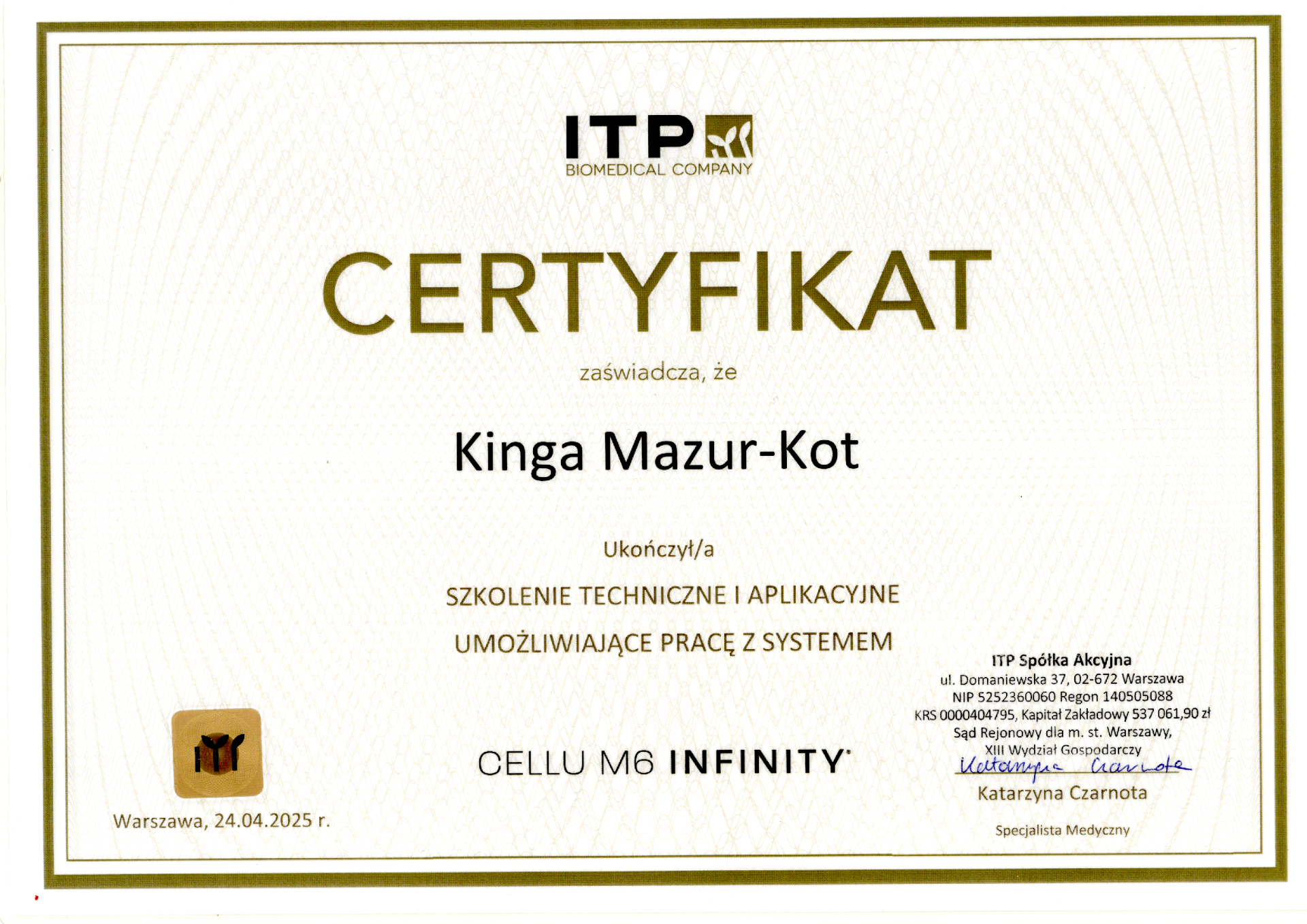 Certyfikat Kingi Mazur-Kot ze szkolenia Cellu M6 Infinity od ITP z 2025 roku