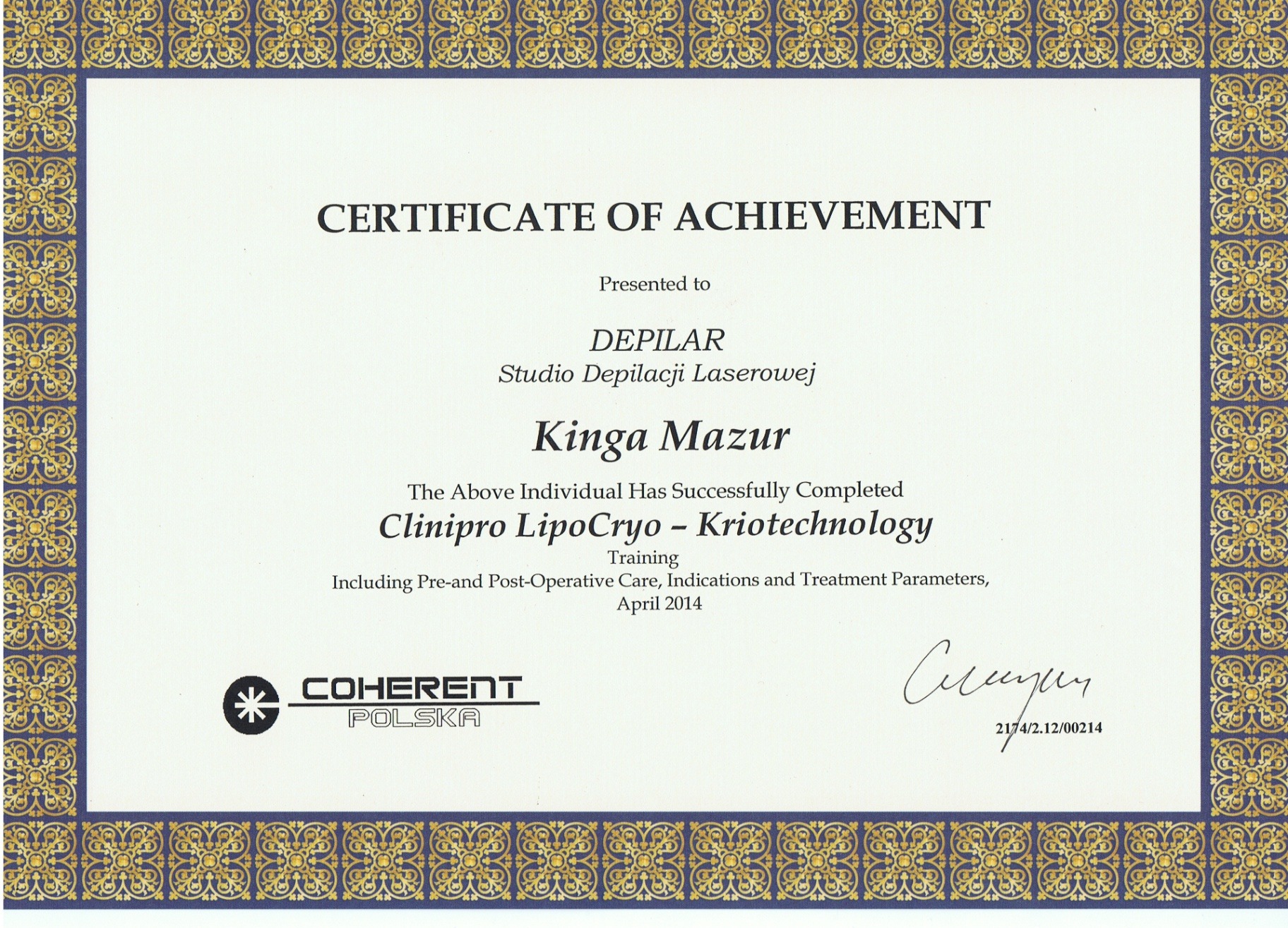 Certyfikat Kingi Mazur-Kot ze szkolenia LipoCryo od CliniPro z 2014 roku