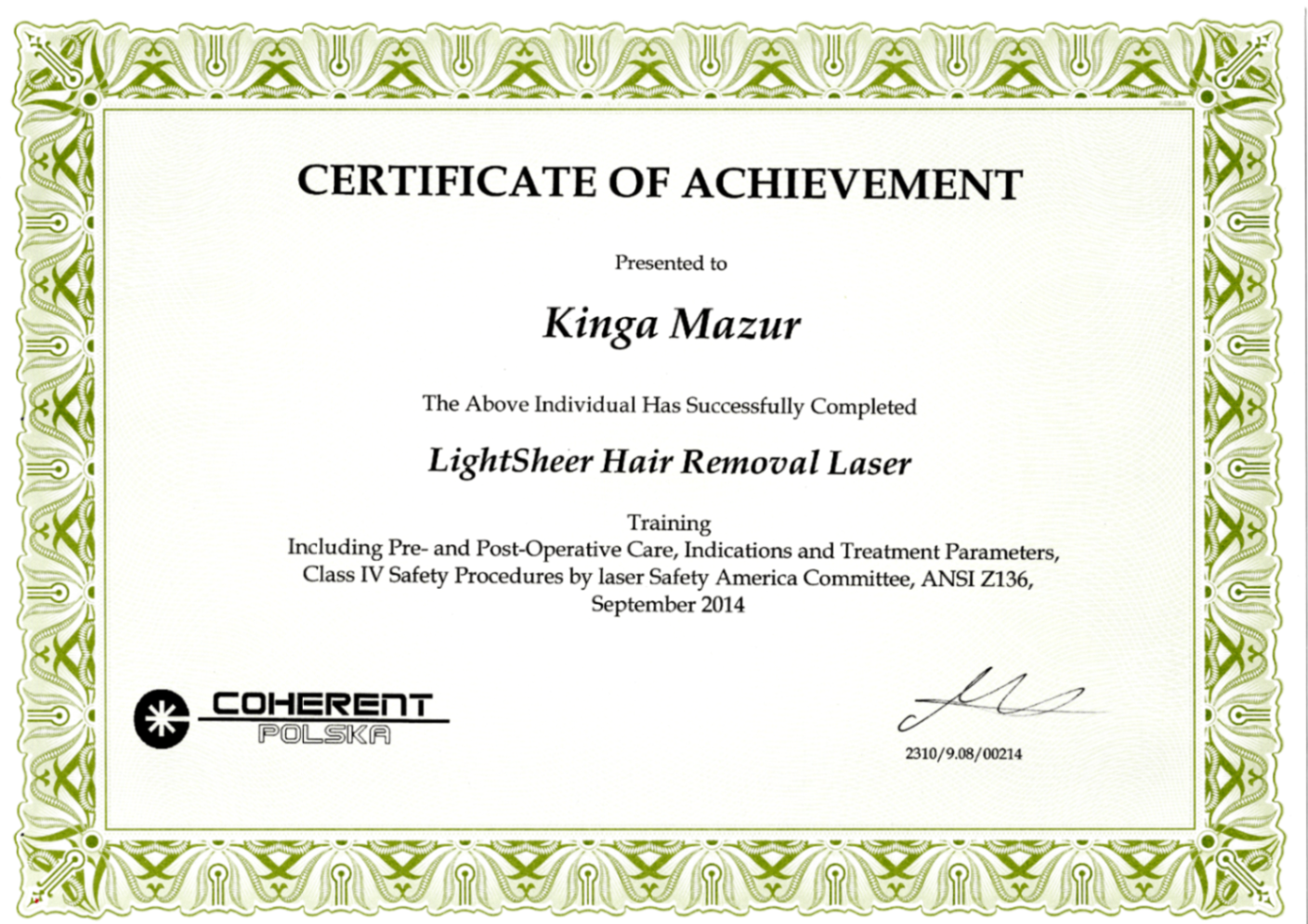 Certyfikat Kingi Mazur-Kot ze szkolenia LightSheer Hair Removal Laser od Coherent z 2014 roku