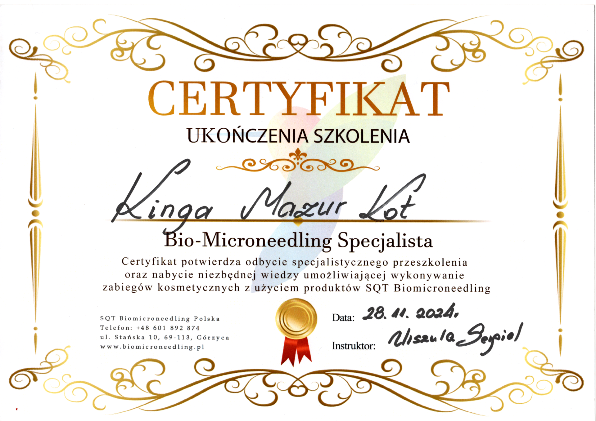 Certyfikat Kingi Mazur-Kot ze szkolenia SQT BioMicroneedling z 2024 roku