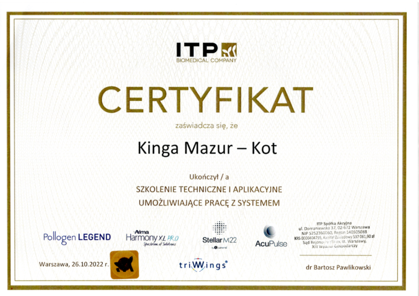 Certyfikat Kingi Mazur-Kot ze szkolenia Stellar M22 od ITP z 2022 roku