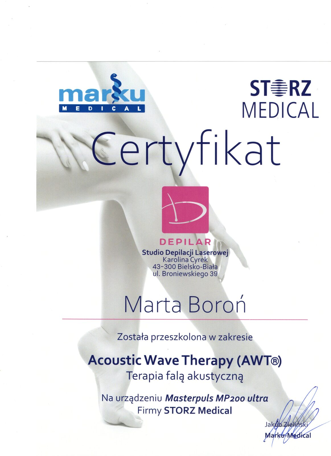 Certyfikat Marty Boroń ze szkolenia Acoustic Wave Therapy na urządzeniu Masterpuls MP200 ultra firmy Storz Medical