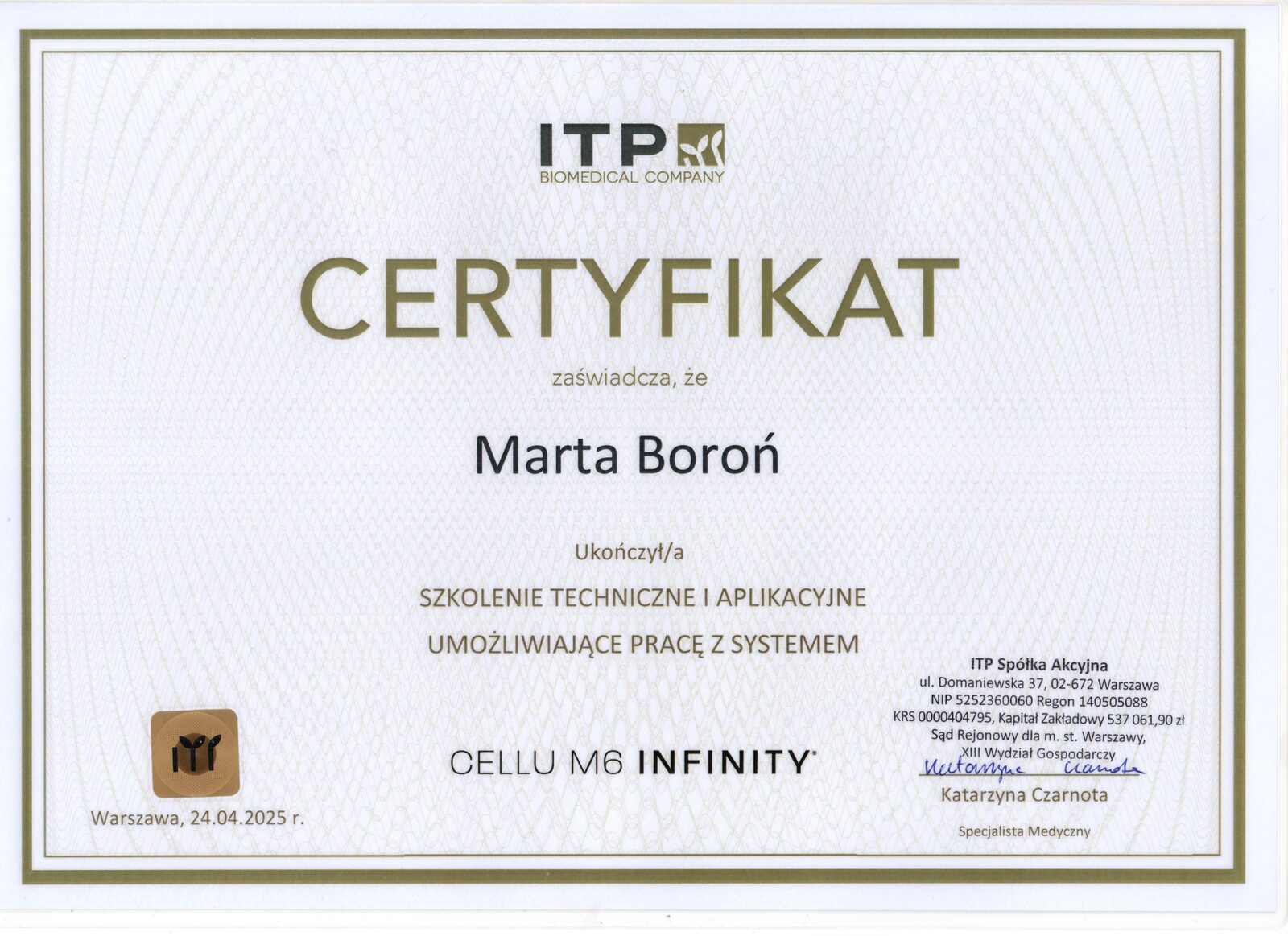 Certyfikat Marty Boroń ze szkolenia technicznego i aplikacyjnego Cellu M6 Infinity od ITP z 2025 roku