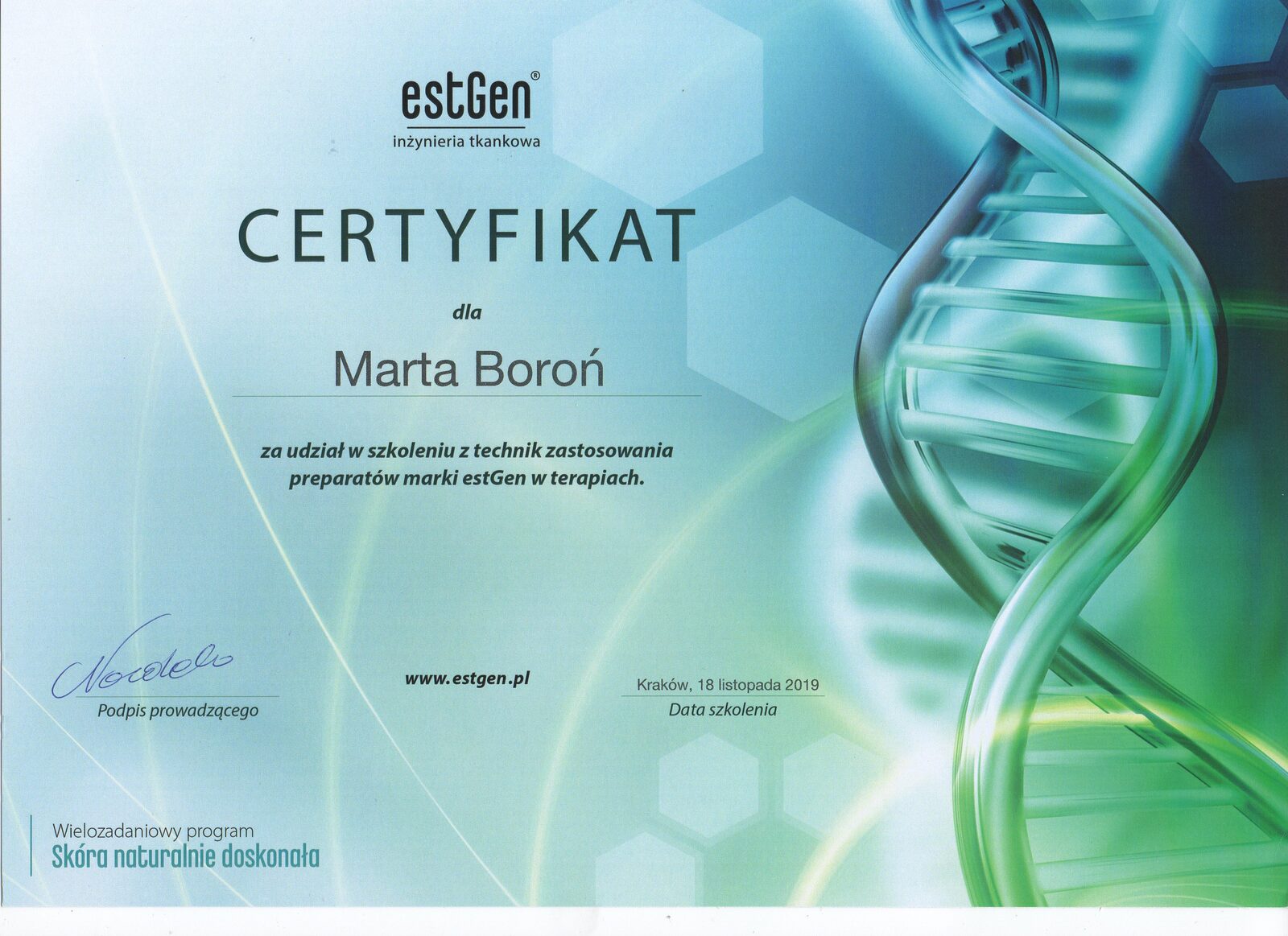 Certyfikat Marty Boroń ze szkolenia estGen z zakresu inżynierii tkankowej z 2019 roku