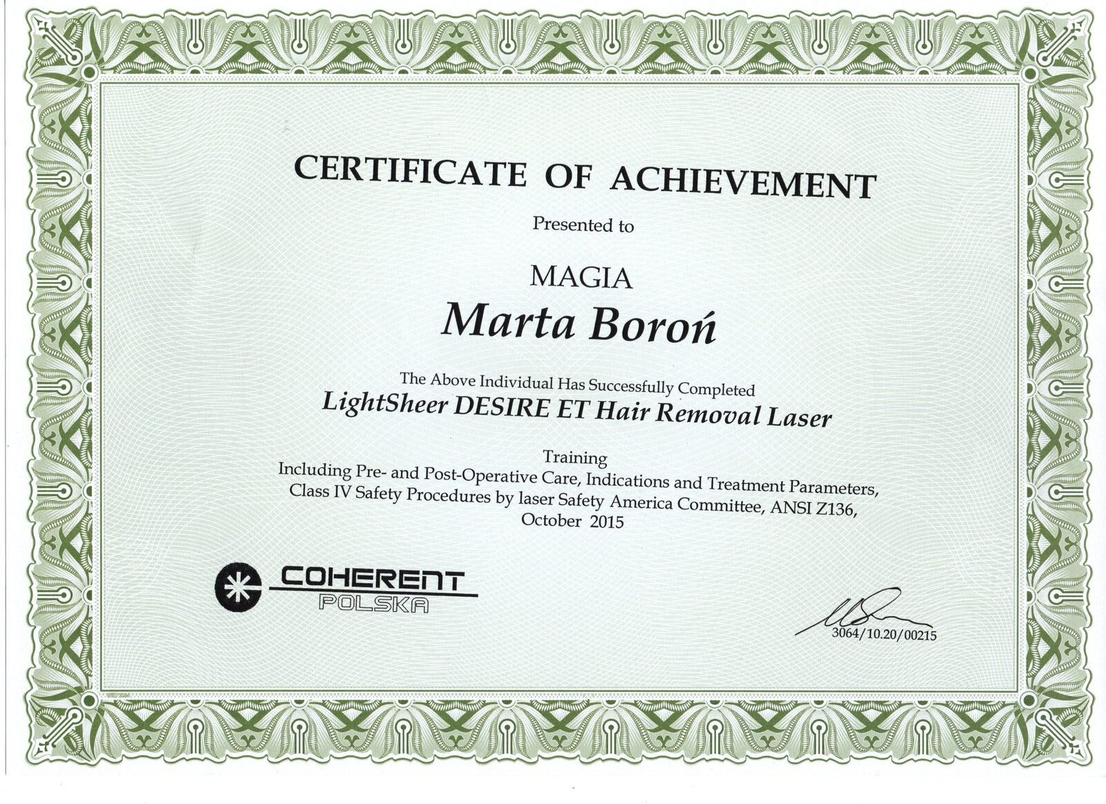 Certyfikat Marty Boroń ze szkolenia LightSheer DESIRE ET Hair Removal Laser od Coherent Polska z 2015 roku