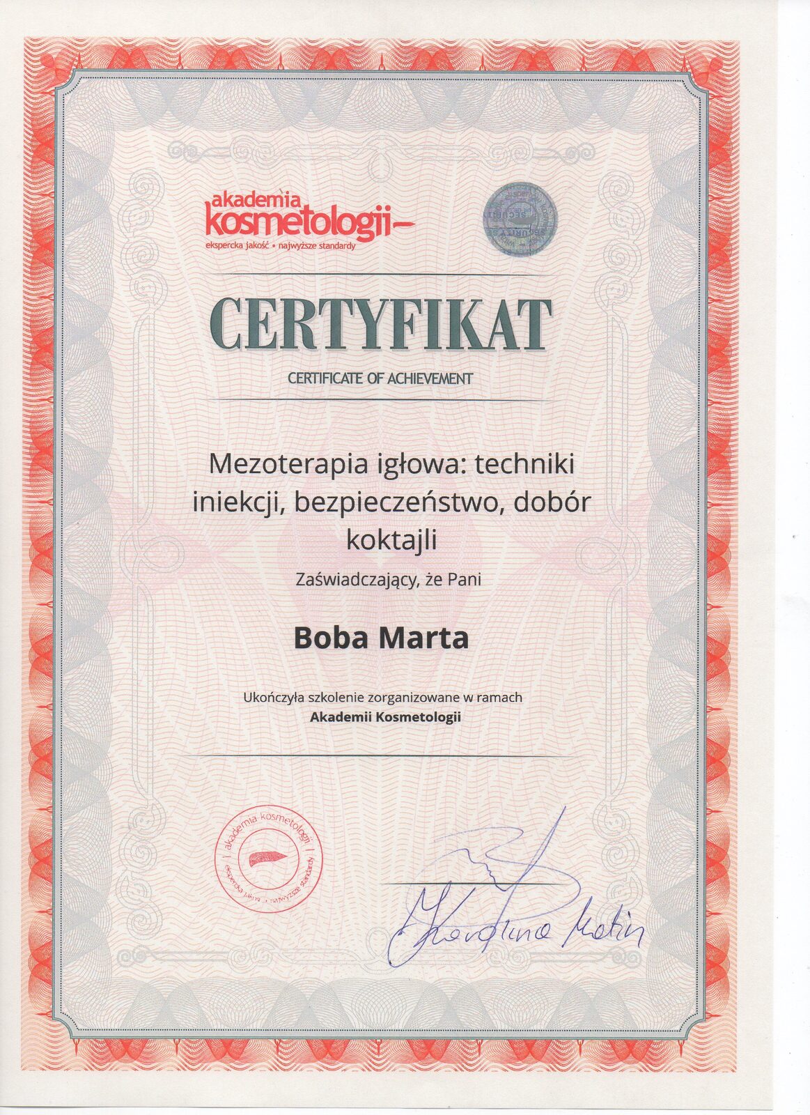 Certyfikat Marty Boroń ze szkolenia mezoterapii igłowej od Akademii Kosmetologii
