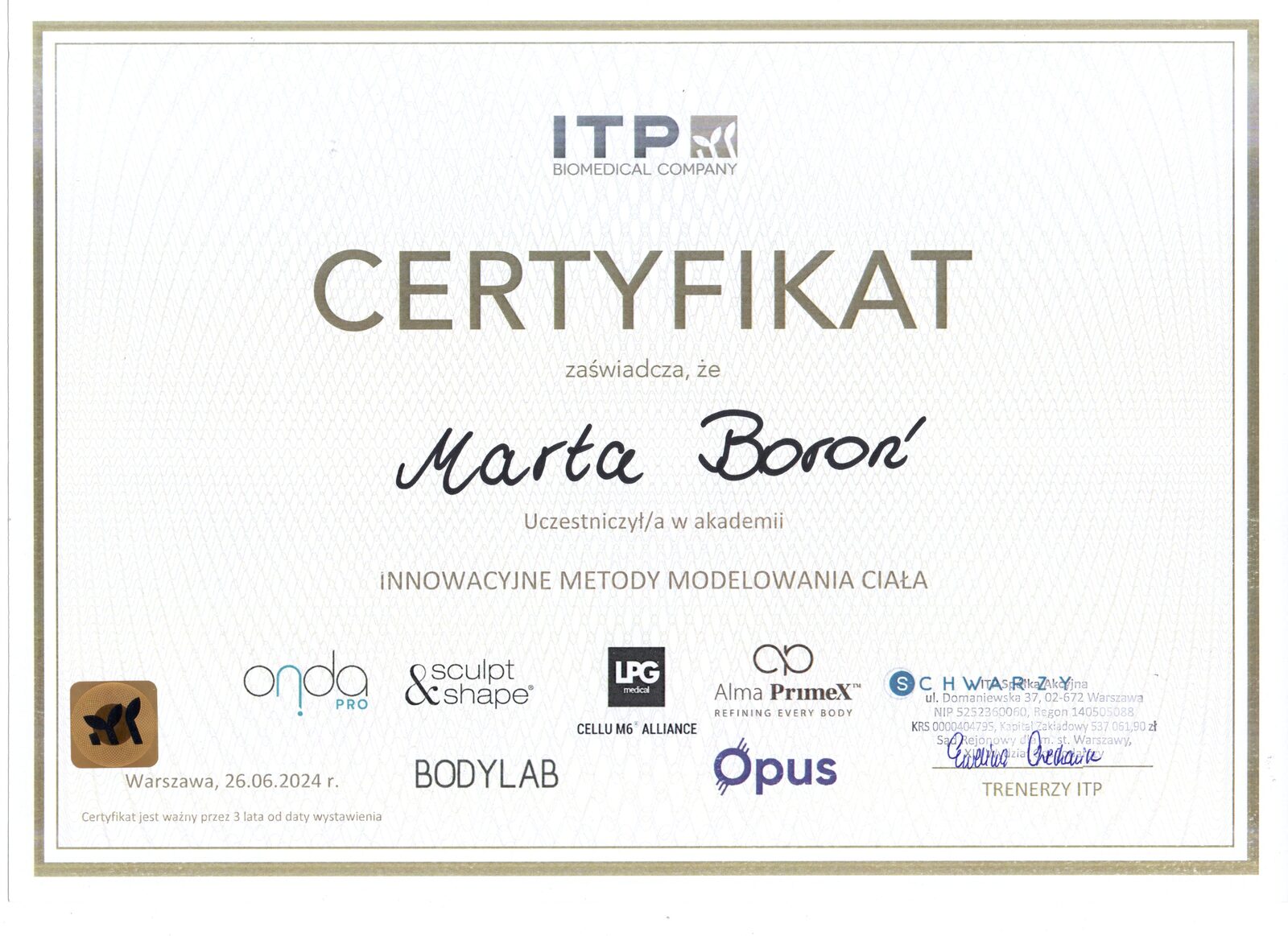 Certyfikat Marty Boroń z akademii ITP o innowacyjnych metodach modelowania ciała z 2024 roku