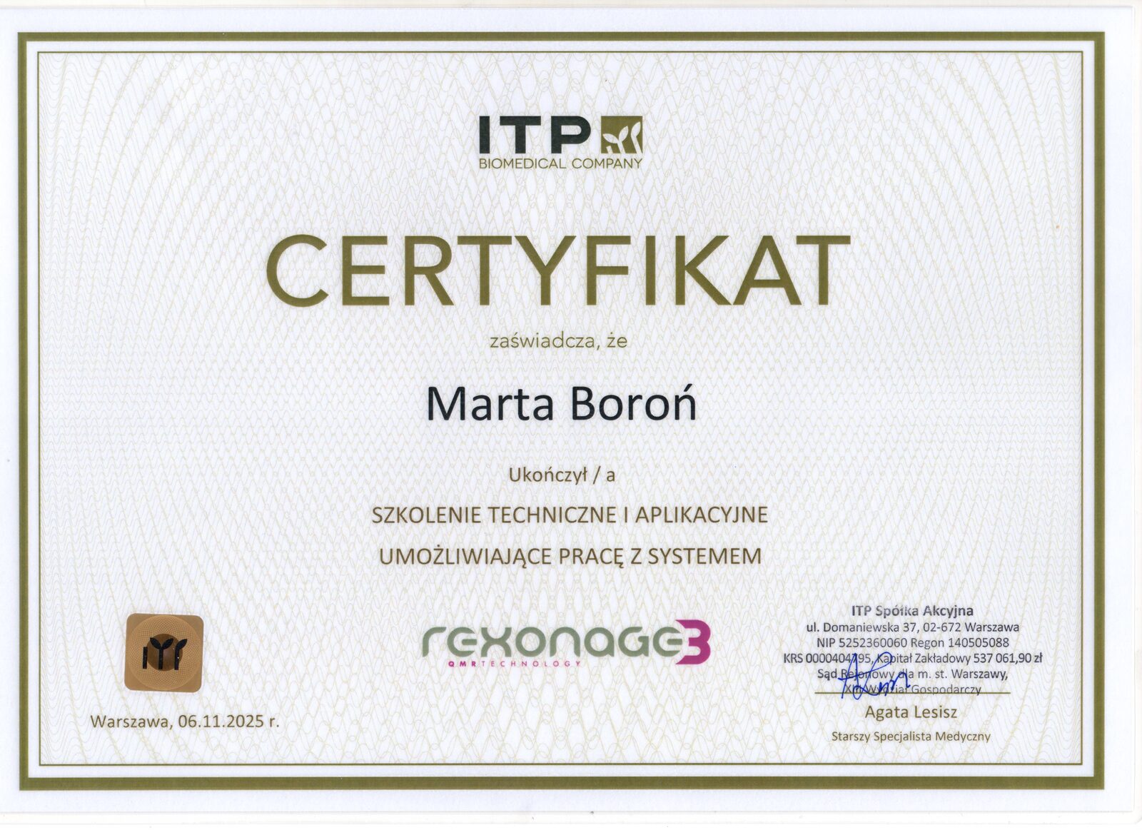 Certyfikat Marty Boroń ze szkolenia technicznego i aplikacyjnego Rekonage 3 od ITP z 2025 roku