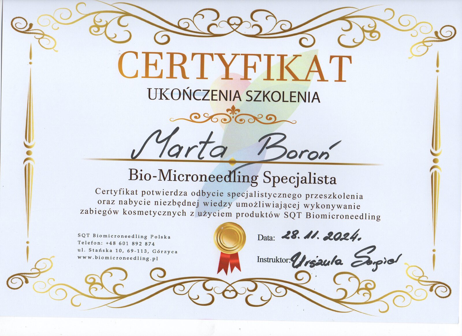 Certyfikat Marty Boroń ze szkolenia SQT Bio-Microneedling Specjalista z 2024 roku